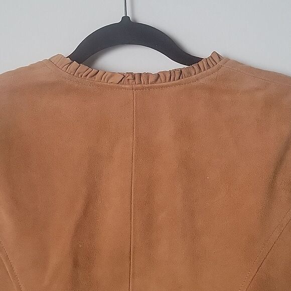 NEW INC Suede P 0 Leather Brown Tan Camel Ruffle Blazer Fitted Boho Jacket Bell - Picture 11 of 16